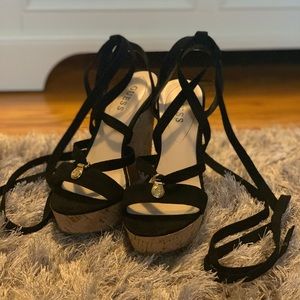 Guess Black/Cork wedges with gold accents